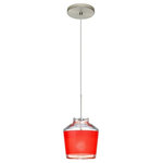 Besa Lighting - Besa Lighting Pica 6, 8.7" 6W 1 LED Cord Pendant with Flat Canopy - Pica 6 is a compact tapered glass with a broad angled top and a chamfer-cut bottom, its retro styling will gracefully blend into today's environments. The Blue Sand decor begins with a clear blown glass, with glossy outer finish. We then, using a handcrafting technique, carefully apply a band of actual fine-grained sand to the inner surface of the glass, where white color is fully saturated into the coating for a bold statement. A final clear protective coating is applied to seal and preserve the accent material. The result is a beautifully textured work of art, comfortable with the irony of sand being applied to a glass that ordinates from sand. When illuminated, the colors shimmers through the noticeable refractions created by every granule, as the sand patterning is obvious and pleasing. The 12V cord pendant fixture is equipped with a 10' braided coaxial cord with Teflon jacket and a low profile flat monopoint canopy. These stylish and functional luminaries are offered in a beautiful brushed Bronze finish.  Canopy Included: TRUE  Shade Included: TRUE  Canopy Diameter: 5 x 0.63< Dimable: TRUE  Color Temperature: 2  Lumens:   CRI: +  Rated Life: 0 HoursPica 6 8.7" 6W 1 LED Cord Pendant with Flat Canopy Bronze Red Sand Glass *UL Approved: YES *Energy Star Qualified: n/a  *ADA Certified: n/a  *Number of Lights: Lamp: 1-*Wattage:6w LED bulb(s) *Bulb Included:Yes *Bulb Type:LED *Finish Type:Bronze