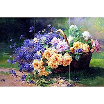 Tile Mural Still Life Basket With Roses and Cornflowers, Ceramic Matte