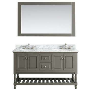 Silvia Bathroom Sink Vanity Set, White Marble Top, Base: Distressed Gray, 60"