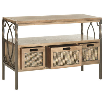 Rustic Console Table, Twist Metal Frame & Drawers With Wicker Front, Oak