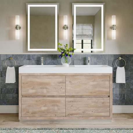 Boutique Bath Vanity, Natural Wood, 60", Double Sink, Freestanding