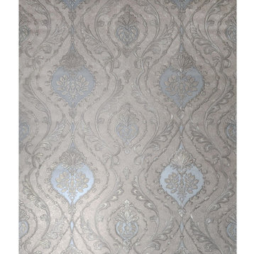 Embossed Victorian tan cream gray brass metallic ogee damask textured Wallpaper, 8.5'' X 11'' Sample