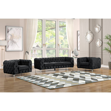 Rebekah 3 Piece Velvet Standard Foam Living Room Set 1sofa+2 Chairs, Black Velvet