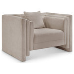 Meridian Furniture - Everett Upholstered Chair, Beige, Chenille Fabric - Make this Everett beige chenille fabric chair the center of a cozy reading nook. Handsome from every angle, this posh chair is plumply appointed to put supreme comfort within easy reach. Soft beige chenille upholstery fabric adds to its lavish feel while a staggered design gives it a modern edge. An included pillow gives it a beckoning vibe while the chair's solid wood inner frame makes it a lasting addition in any room.