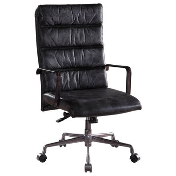 Executive Office Chair, Top Grain Leather Seat & Channel Stitched Back, Black