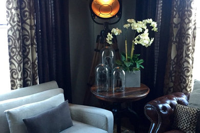 Example of a mid-sized transitional open concept dark wood floor family room design in Dallas with gray walls