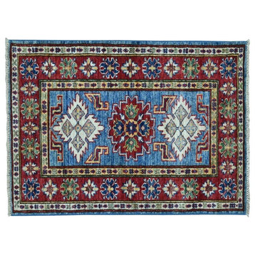 2'x3' Super Kazak Pure Wool Blue Geometric Design Handmade Rug
