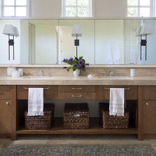 Example of a cottage master beige floor bathroom design in San Francisco with flat-panel cabinets, dark wood cabinets, an undermount sink and beige countertops