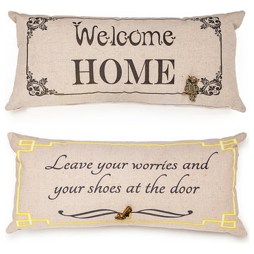 Welcome Home Cottage Style Linen Yellow Pillow With Removable Owl and Shoe Pins