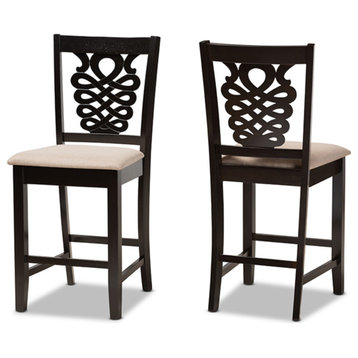 Sand Fabric Upholstered and Dark Brown Finished Wood Counter Stool, Set of 2