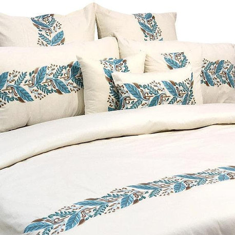King Duvet Cover 3 Pc set in Cream Cotton with Embroidery, Fern Embroidery