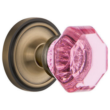 Classic Rosette Passage Waldorf Pink Knob, Antique Brass