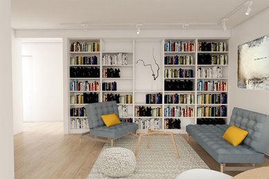 Mittelgroßes, Offenes Modernes Wohnzimmer mit weißer Wandfarbe, hellem Holzboden und TV-Wand in Leipzig
