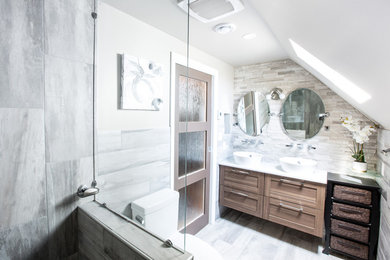 Inspiration for a mid-sized transitional master bathroom in Other with recessed-panel cabinets, dark wood cabinets, a curbless shower, a two-piece toilet, gray tile, porcelain tile, beige walls, ceramic floors, a vessel sink, laminate benchtops, grey floor, an open shower and multi-coloured benchtops.
