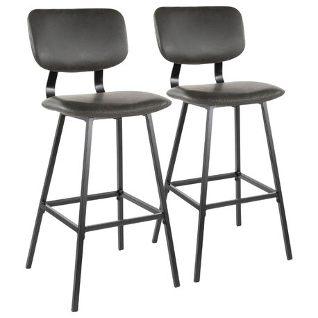 Lumisource Foundry Barstool, Gray PU Leather, Gray Stitching, Set of 2