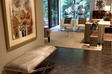 Large eclectic formal and open concept dark wood floor and brown floor living room photo in Toronto with gray walls, no fireplace and no tv