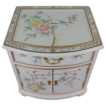 Oriental End Table Painted Bird and Flower White Lacquer