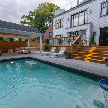 Modern Toronto Backyard | Custom Cabana, Pool, Outdoor Kitchen, Fire Pit & Deck