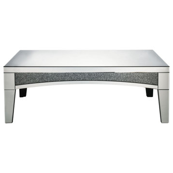 Coffee Table With Mirror Trim and Faux Stone Inlays, Silver