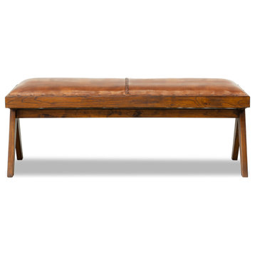 Eden Mid-Century Modern Pushpin Tan Color Genuine Leather Bench