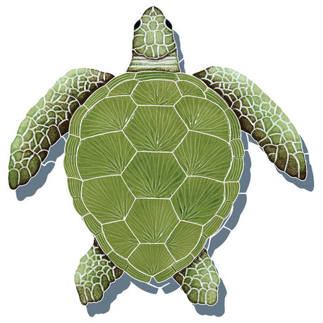 Loggerhead Turtle Ceramic Swimming Pool Mosaic Green, 16"x15" with shadow