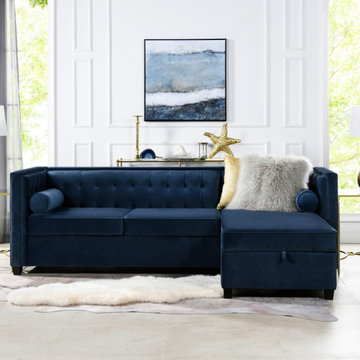 Jack 100" Tufted Tuxedo Storage Sectional, Reversible Chaise, Dark Navy