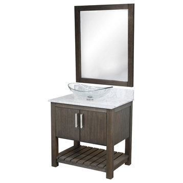 30" Vanity, Carrara White Marble Top, Sink, Drain, Mounting Ring, and P-Trap, Brushed Nickel, Mirror Included