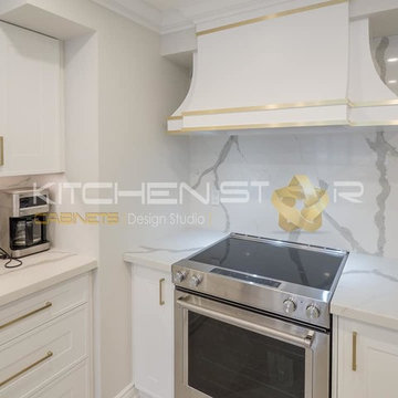 Painted mdf custom shaker with quartz counter and back splash