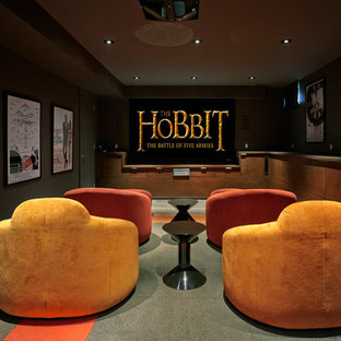 Réalisation d'une salle de cinéma design de taille moyenne et fermée avec un mur gris, un sol en ardoise, un écran de projection et un sol multicolore.