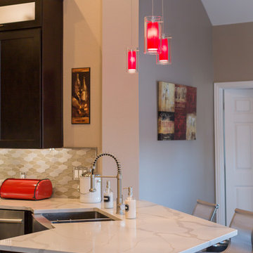 Kitchen | Modern Espresso Cabinets | Glass Mosaic Tile & Quartz Marble