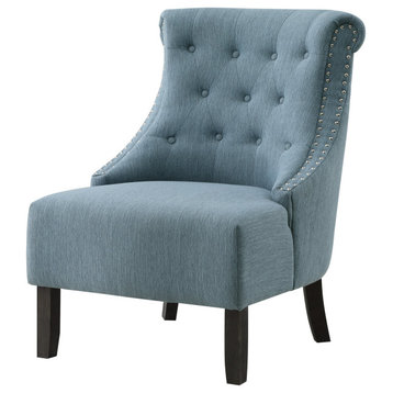 Traditional Accent Chair, Scrolled and Button Tufted Back With Padded Seat, Blue