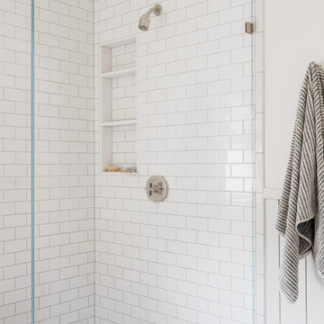 Glass Shower with Blue & White Tile | Brookline Remodel | Boston