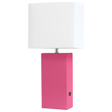Elegant Designs  Leather Table Lamp with USB and White Fabric Shade, Hot Pink