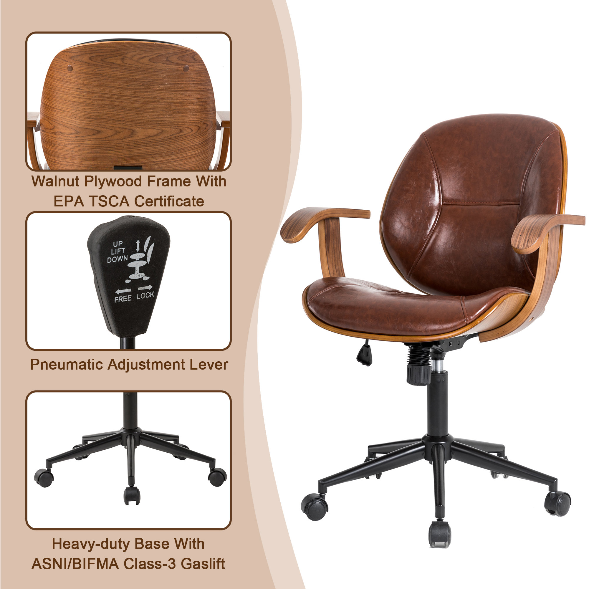 38"H Russet PU Leather Adjustable Swivel Desk Chair/Task Chair