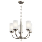 Kichler - Kennewick 5-Light Traditional Chandelier in Brushed Nickel - The Kennewickâ„¢ 5 light chandelier takes the traditional and updates it first with individual fabric shades in crisp white and then with a Brushed Nickel finish. Rather than being the center of attention, this chandelier enjoys shedding light on the entire room.  This light requires 5 , 60.0 W Watt Bulbs (Not Included) UL Certified.