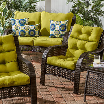 Wicker Woven Lounge Set with Exotic Accent Pillows and Bright Green Cushions