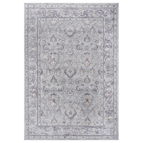 Usak Collection 5' x 7' Ivory/Silver Oriental Distressed Non-Shedding Area Rug