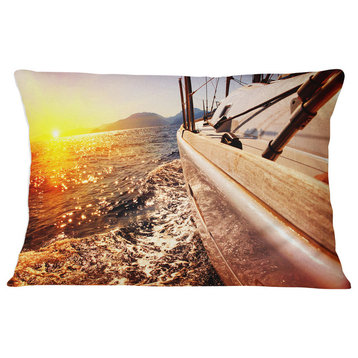 Yacht Sailing against Sunset Seashore Throw Pillow, 12"x20"