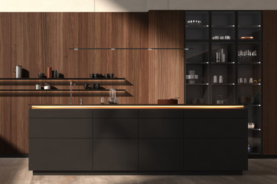 Modelo de cocina comedor moderna grande con armarios con paneles lisos, puertas de armario grises, encimera de cuarzo compacto, una isla y encimeras negras
