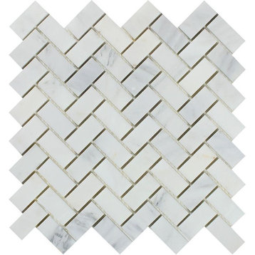 12"x12" European Honed Oriental White Marble Herringbone Mosaic, Set of 50