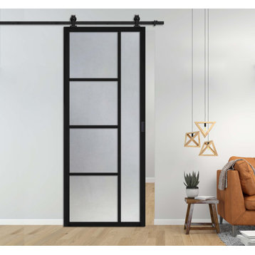 Loft Style Sliding Door With Glass Panels V1000, 38"x84", Frosted Glass, Black Painted (Finish)