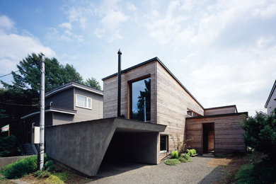 This is an example of a scandinavian brown exterior in Other with wood siding.