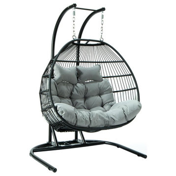 Leisuremod Wicker 2 Person Double Folding Hanging Egg Swing Chair Escf52Lgr