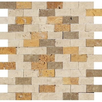 Mixed Travertine Brick Mosaic (Ivory + Noce + ), 1 X 2 Split-Faced
