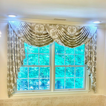 Swags and Jabots using Embroidered Fabric from Unique in Master Bathroom