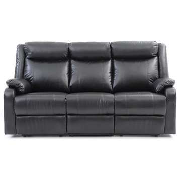 Ward 76 in. Black Faux leather 3-Seater Reclining Sofa With Pillow Top Arm