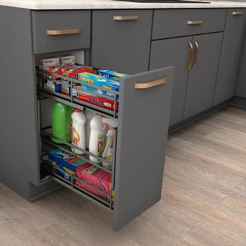 Pull-out storage for cleaning goods and plastic storage bags.