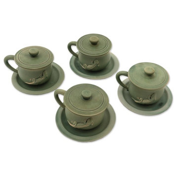 Handmade Green Geckos  Ceramic cups and saucers (set for 4) - Indonesia