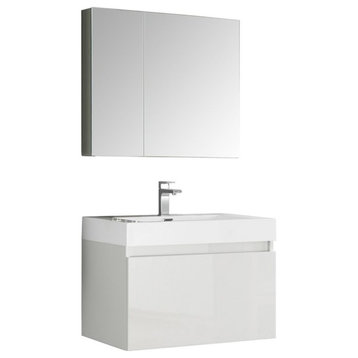 Mezzo 30" White Wall Hung Modern Bathroom Vanity, Faucet FFT1040CH