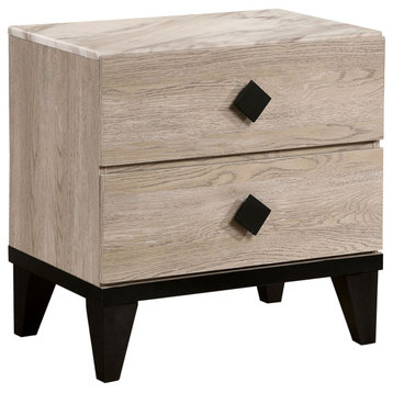 Benzara BM228561 2 Drawer Wooden Nightstand with Grains and Angled Legs, Cream